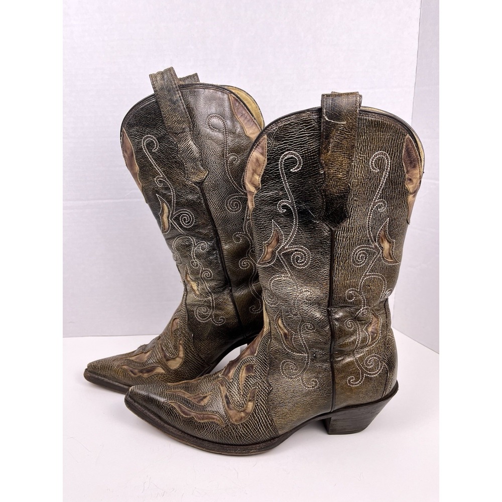 Corral Triad‎ Inlay Western Boot Women 9 M Brown Distressed Embroidered Snip Toe